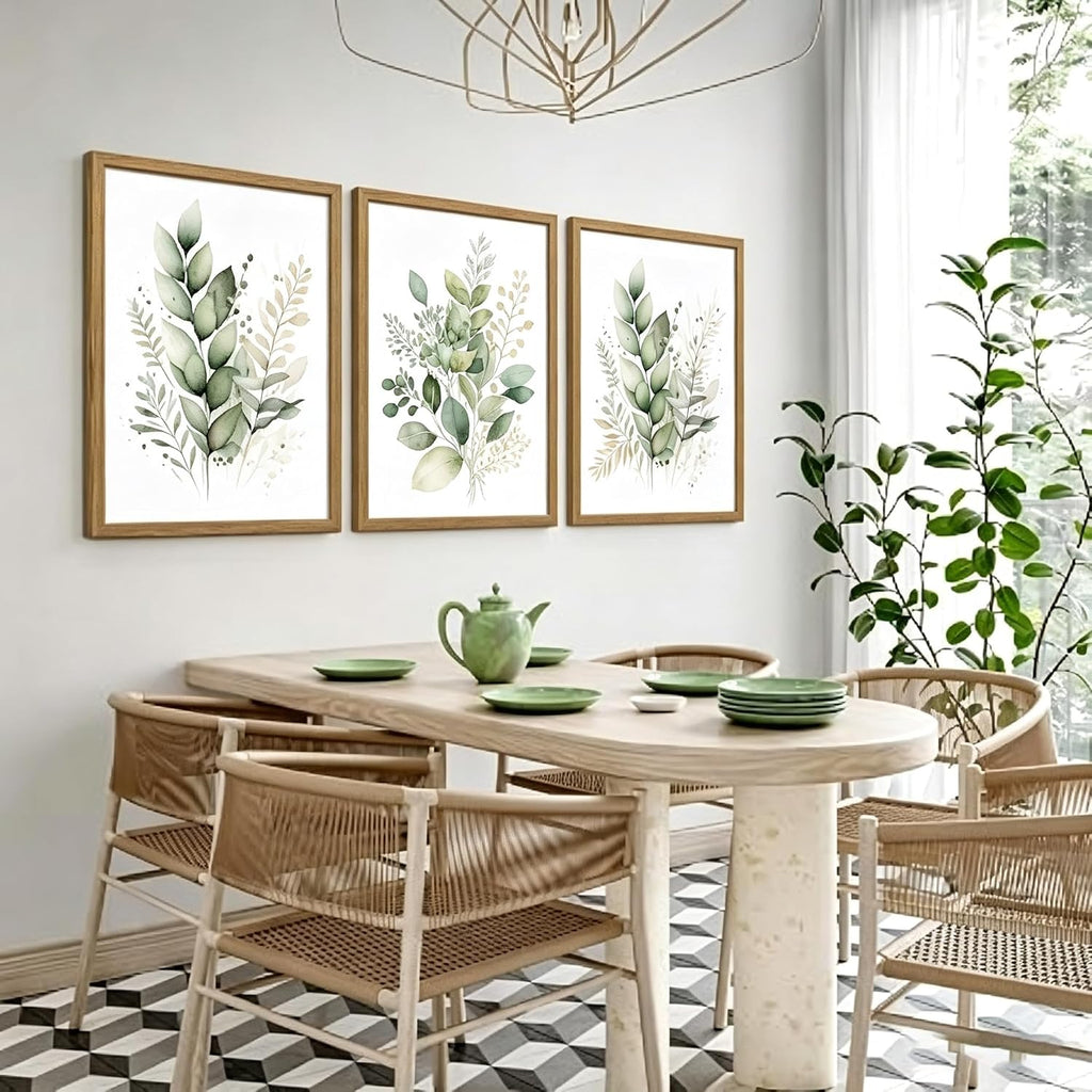 Sage Green Botanical Wall Art Set of 3, Modern Watercolor Eucalyptus Leaf Canvas Prints, Minimalist Boho Floral Wall