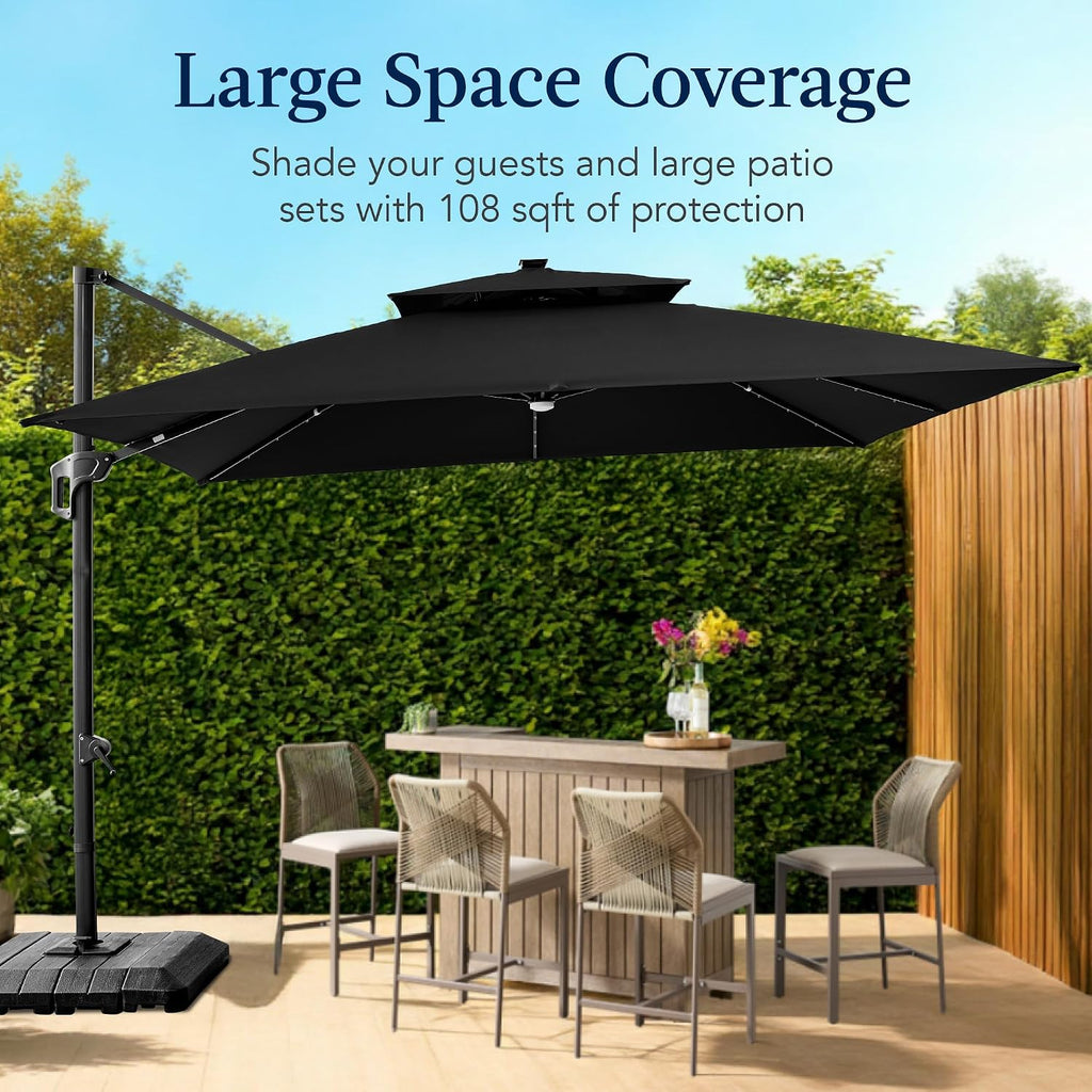 9x12ft LED Cantilever Patio Umbrella w/Base Included & 360° Rotation