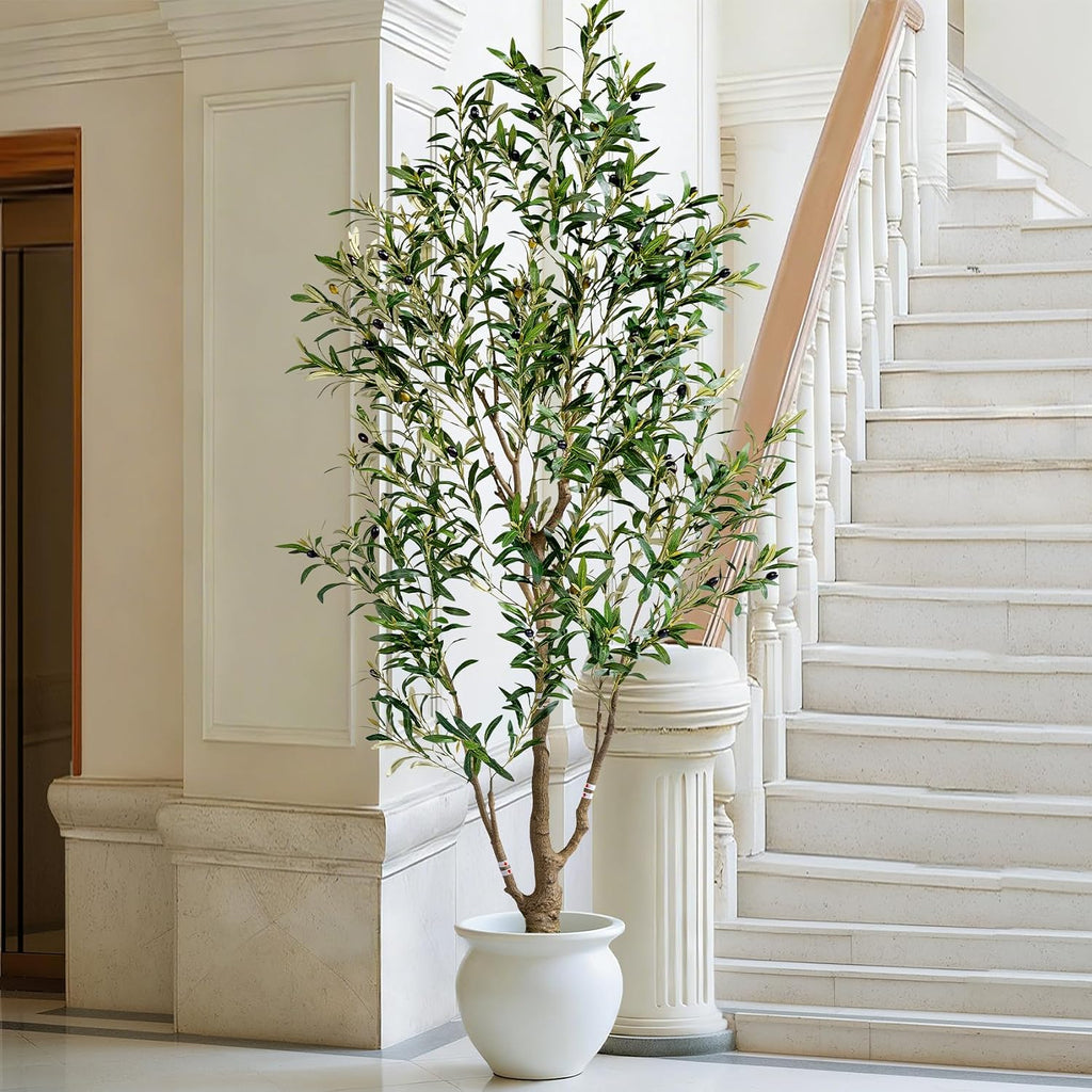 6ft Faux Olive Tree with White Pot & Moss, Artificial Olive Tree Indoor Outdoor, PE/PVC Leaves, Realistic Resin Trunk