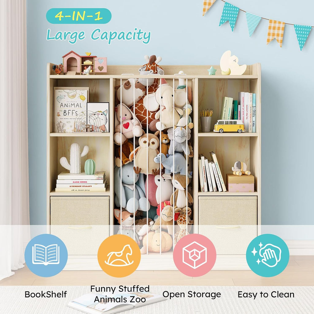 4-in-1 Toy Storage Organizer with Stuffed Animal Storage, Solid Pine Kids Bookshelf and Toy Shelf, 6 Cube Shelf with