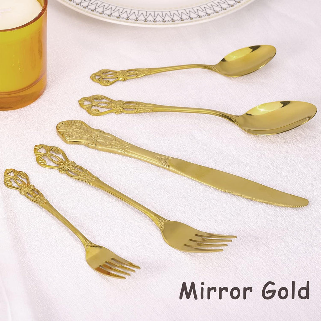 Gold Silverware Set for 8, Stainless Steel Gorgeous Retro Royal Flatware, 40-Pieces Cutlery Tableware