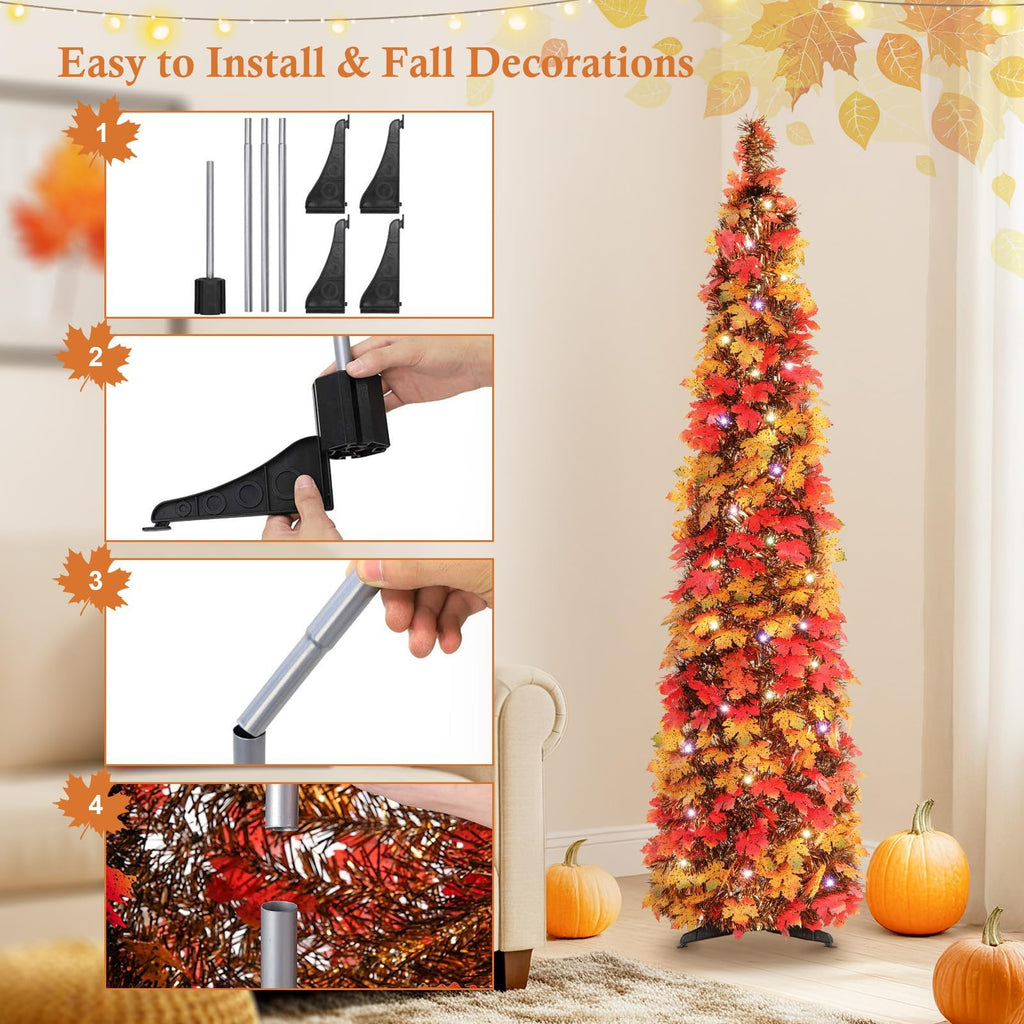 Fall Tree Home Decor, 5FT Pop Up Tree with Lights & Timer & 8 Modes, Collapsible Tinsel Pencil Tree for Autumn