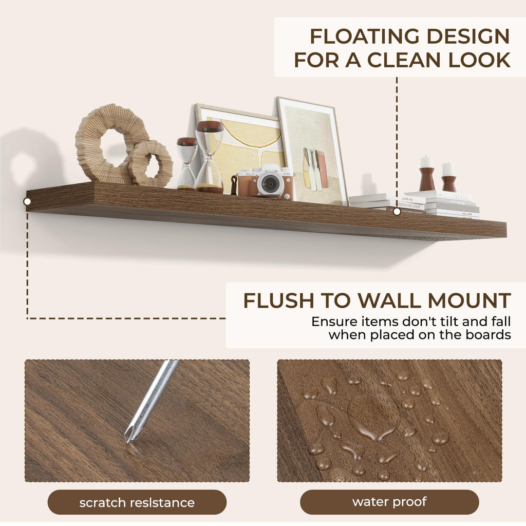 72Inch Floating Shelves for Wall 2Pack, Walnut, 8" Deep