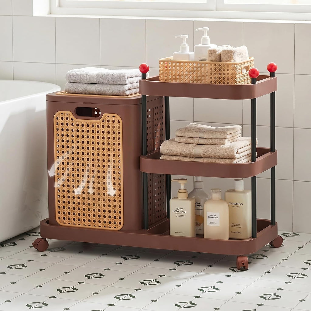 Rattan-Style Rolling Laundry Hamper Cart, 3-Tier Storage Shelf with Wheels, Foldable Plastic Laundry Basket with Lid