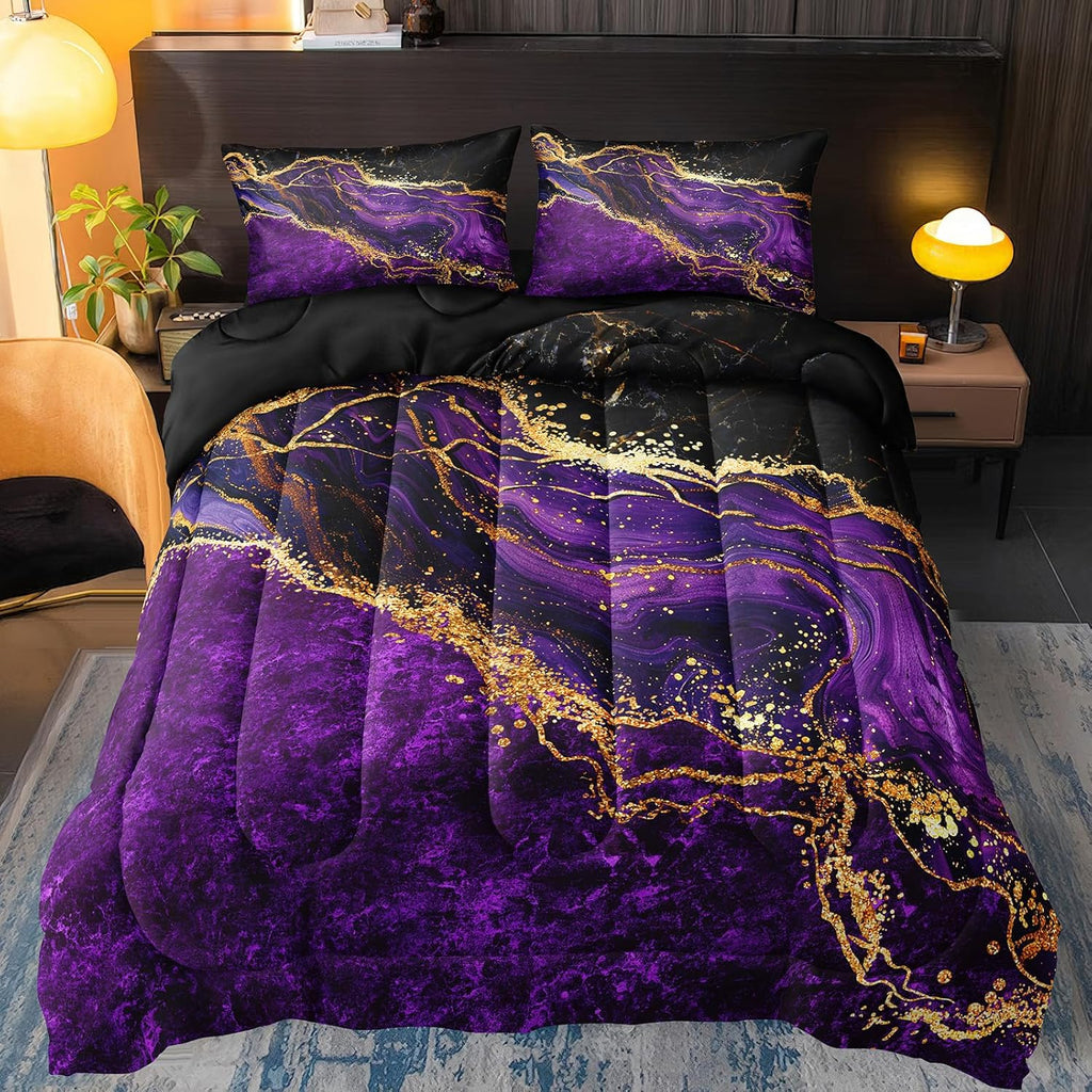 Black Gold Comforter Set Purple Marble Bedding Set Black Marble Stone Abstract Artwork Bedroom Decor Black Marble