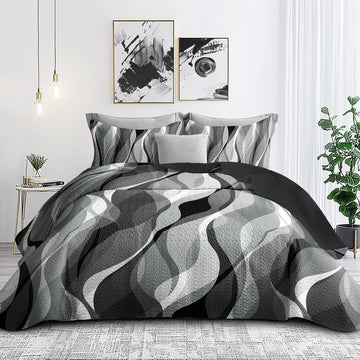 3 Piece Black White Twin Quilt Striped Reversible Bedding Set
