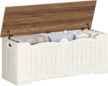 47" Lift Top Storage Bench,225L/59Gal FSC Wood Chest | Retro White | 330lb Seating | Double Hinges | Bedroom Blanket