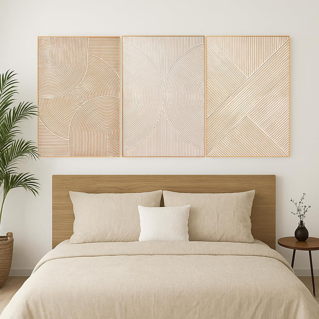 Large Textured 3D Wall Art Neutral Set of 3- and-Painted Abstract Canvas Framed Paintings Brown - Modern