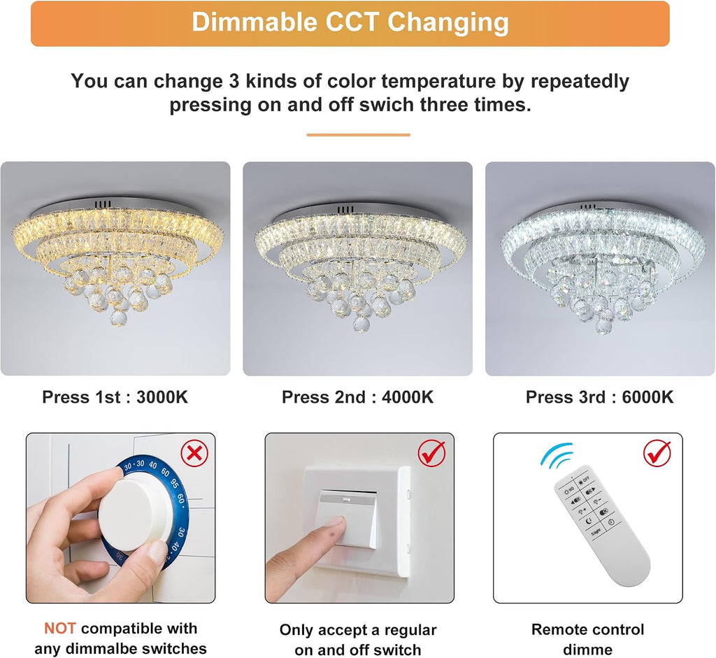 Elegant LED Crystal Raindrop Ceiling Light,20" Flush Mount Chandelier Light Fixture with Remote Control for Living