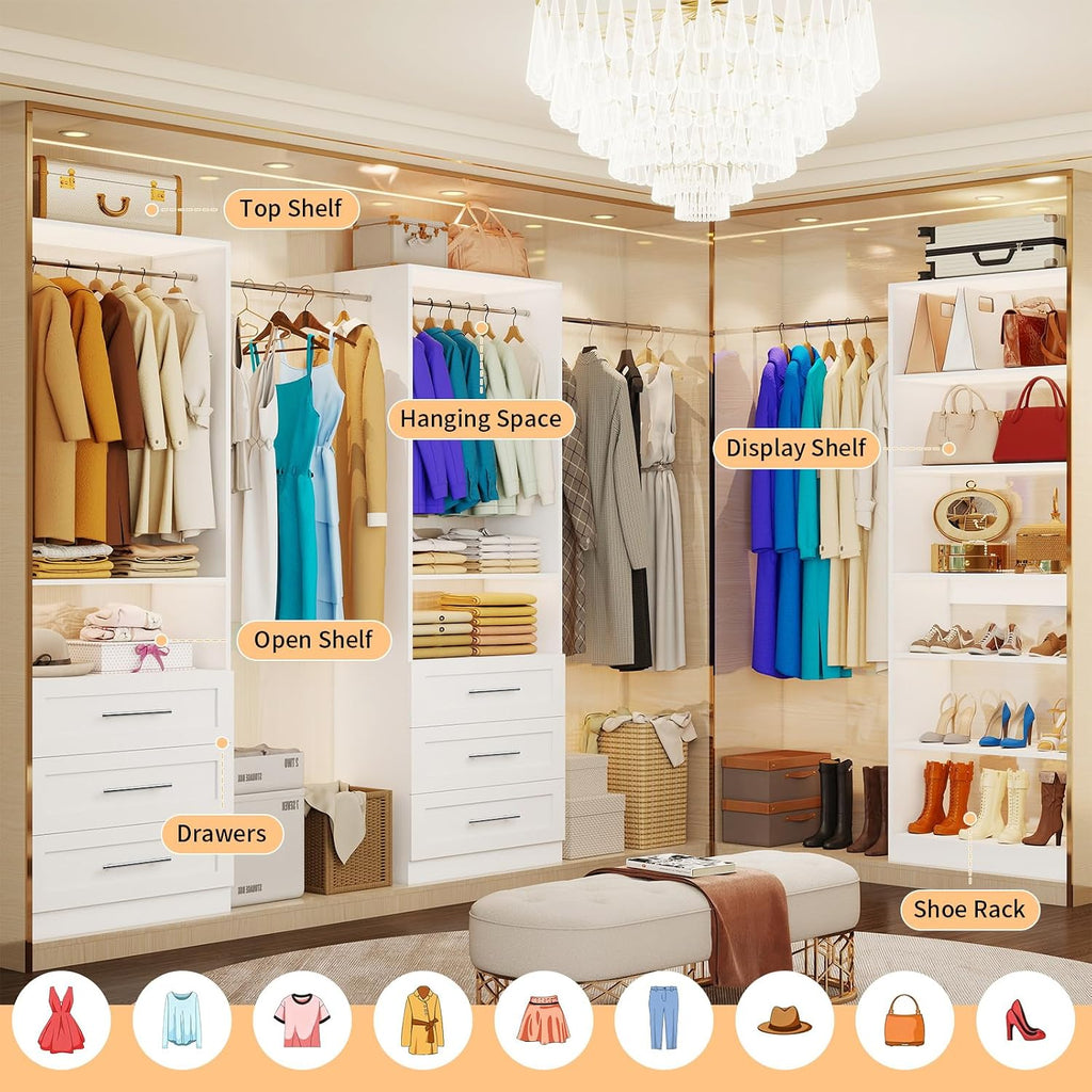 Closet System with 3 Sets, 6-15.8FT Custom Closet Organizer System with 6 Drawers & 8 Shelves & 5 Hanging Rods, Max