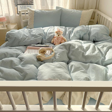 Light Blue Gingham Comforter Set - 3 Piece Soft Washed Microfiber Plaid Bedding Set with Lace Trim, All Seasons
