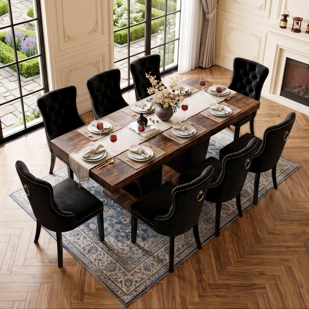 Extendable 9-Piece Dining Table Set, 63"-78.7" Farmhouse Kitchen Table with Storage Base & 8 Tufted Black Velvet