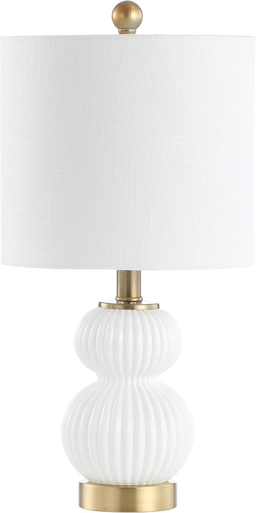 20" White/Brass Gold Ribbed Gourd Glass Table Lamp, Modern Bedside Lamp Living Room, White Linen Drum Shade