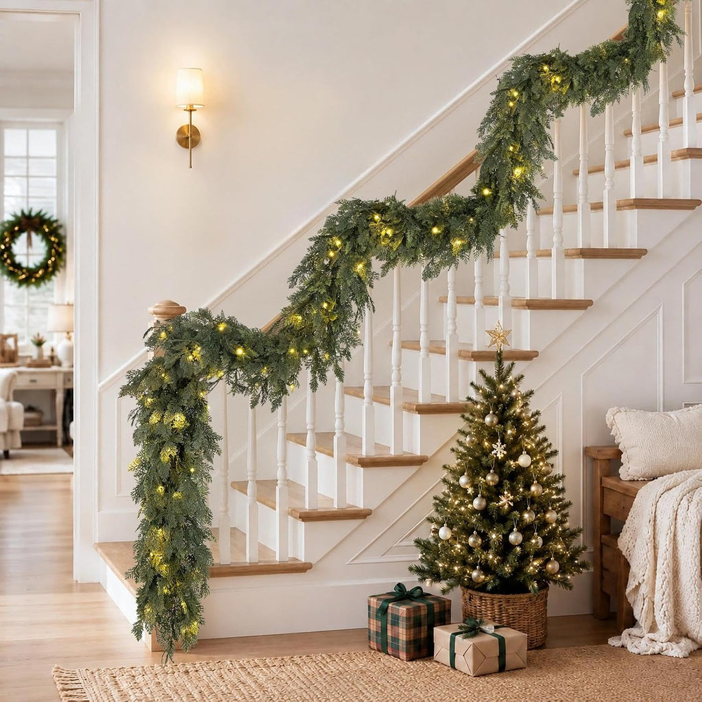 Pre-Lit Christmas Garland 9FT Decorations Real Touch Cedar Cypress Pine Greenery Artificial Green Christmas Garland - Set of 9