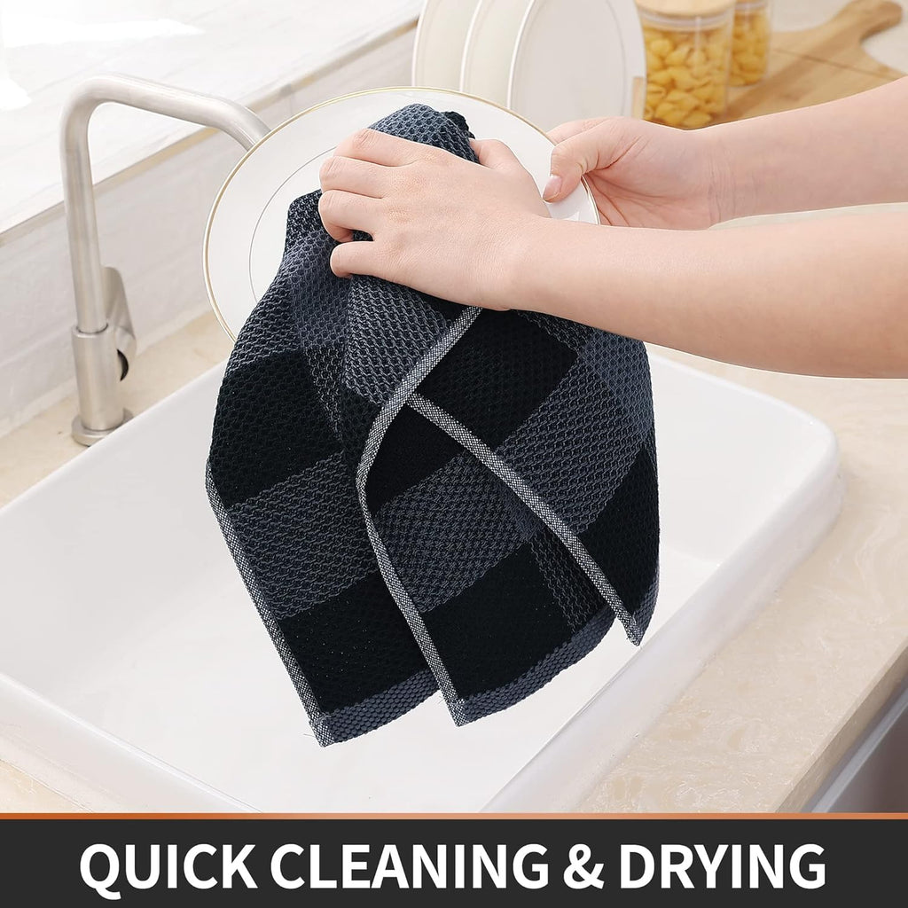 Kitchen Towels and Dishcloths Set, Set of 8, Black & Grey | Bulk Cotton Waffle Weave Check Plaid Kitchen Towels