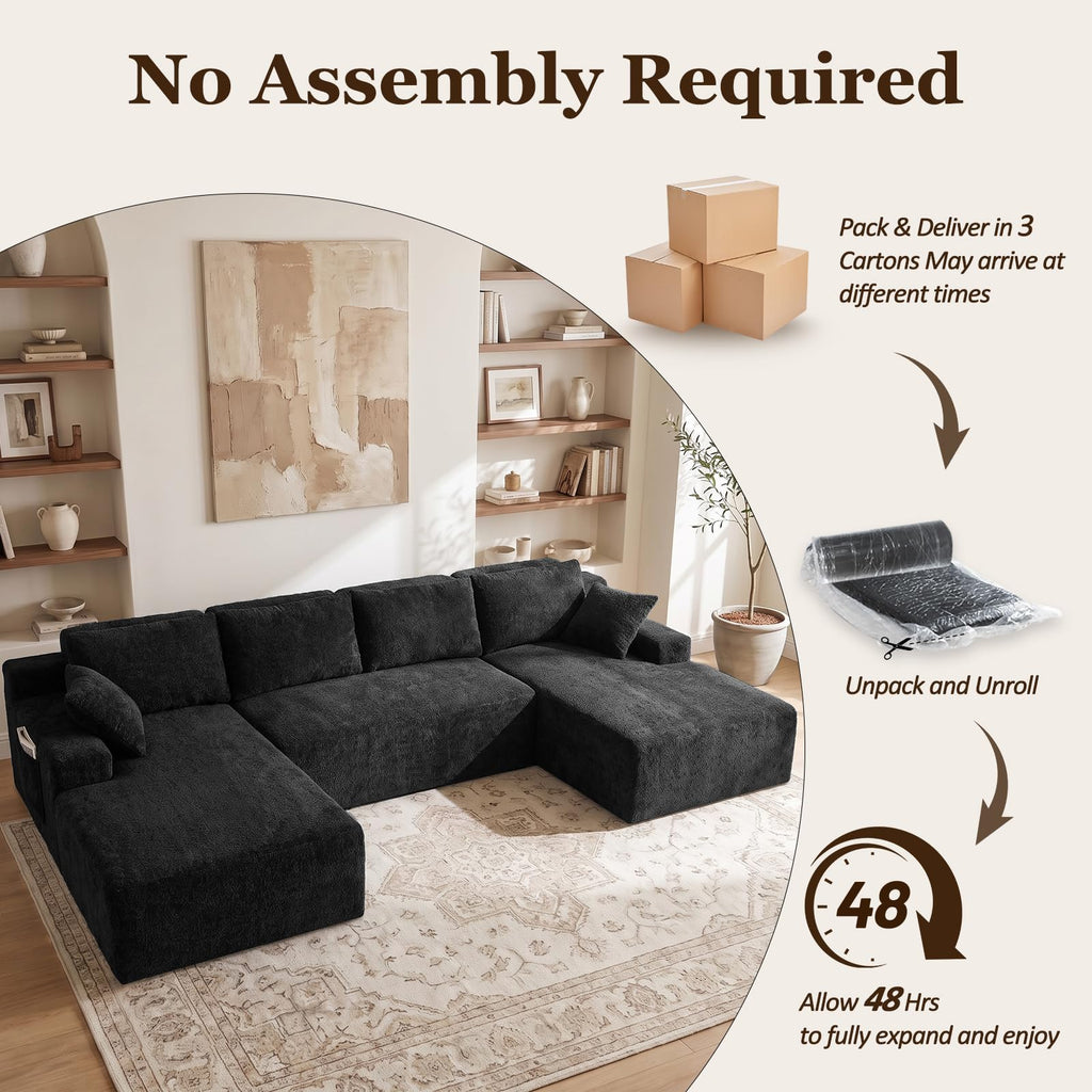 Boneless Couches - 134" Modular Sectional Sofa U Shaped with Side Pockets Oversized Deep Seat Velvet No Assembly