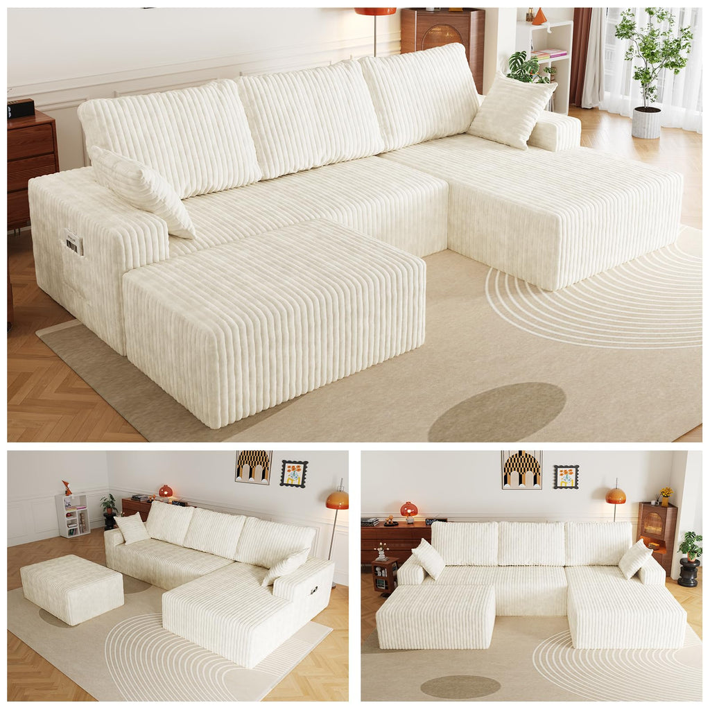 108" U-Shape Modular Sectional Cloud Cream Couch with Ottoman, Deep Seat Boneless Couch with Oversized Chaise Lounge