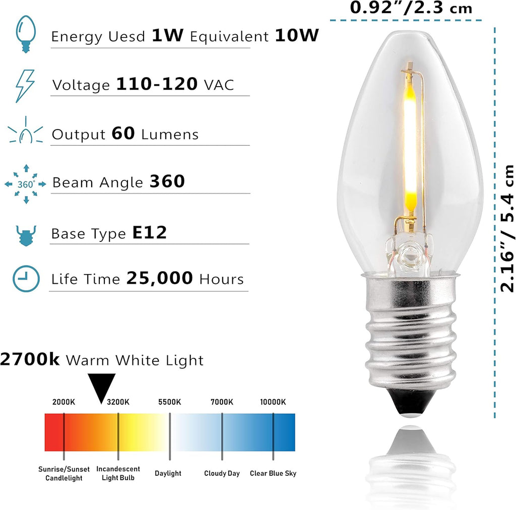 LED Night Light Bulb - C7 E12 LED Bulbs - Candelabra Light Bulbs, 1 Watt Equivalent 10W Incandescent Bulb, Warm White