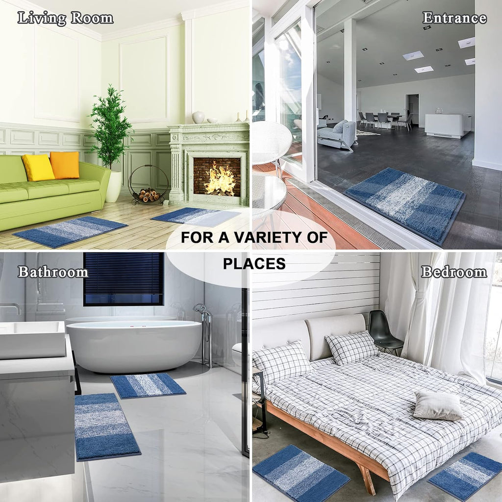 Luxury Soft Bathroom Rugs Set of 2, Blue Non Slip Bath Floor Mat | Microfiber Shaggy Plush Absorbent Striped Washable