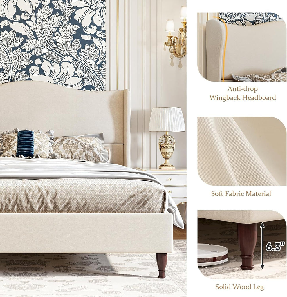 Queen Bed Frame Upholstered Platform Bed with 51" Tall Headboard Wingback, Soft Fabric