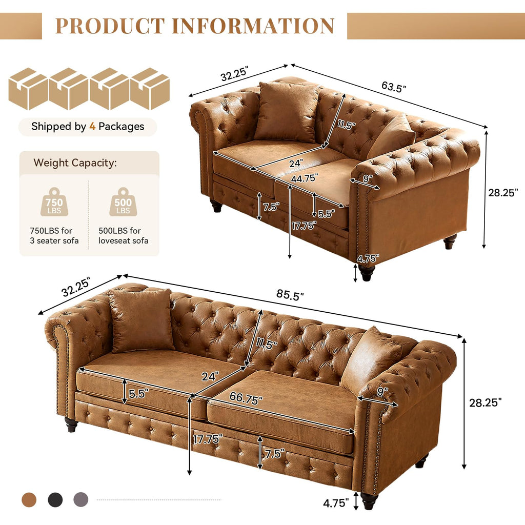 Modern Comfy Chesterfield Tech Fabric Loveseat +3-Seater Sofa Set, Brown
