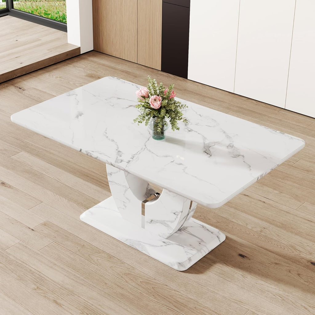 63" Faux Marble Dining Table, Modern Rectangular Kitchen Table with 1.8'' Thick MDF Tabletop, Rounded Corners, Stable