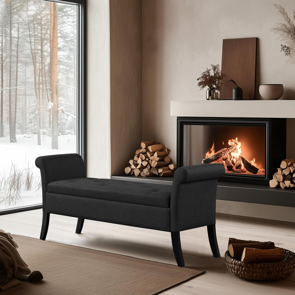 52in Black Storage Bench End of Bed with Rolled Arms | Button-Tufted Bench Seat with 1.9C Storage Space, Rolled Arms