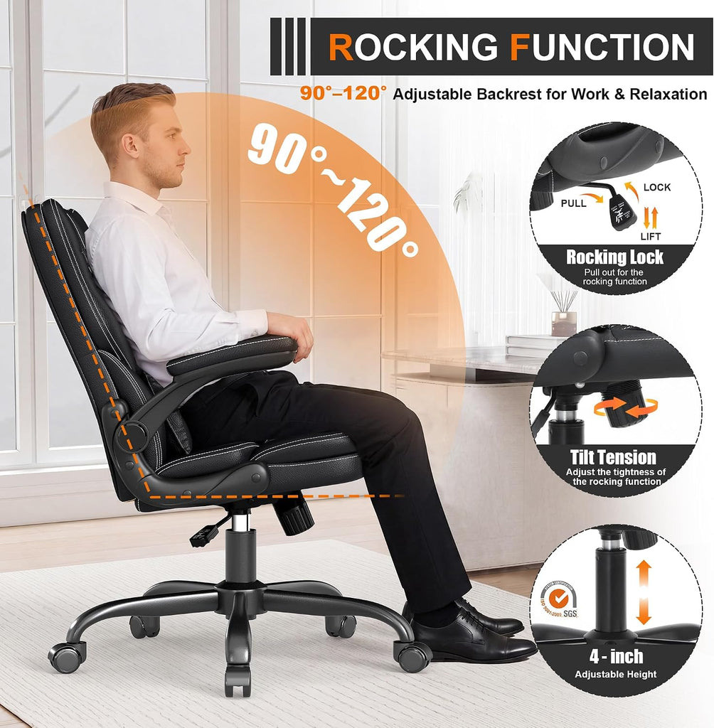 Ergonomic with Flip-Up Armrests, Mid Back Executive PU Leather Desk Chair, Height Adjustable with Lumbar Support