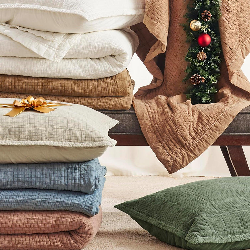 Cotton Quilt Set King, Ultra Soft Oversized Bedspread Coverlet Set, Lightweight Crinkle Box Stitch