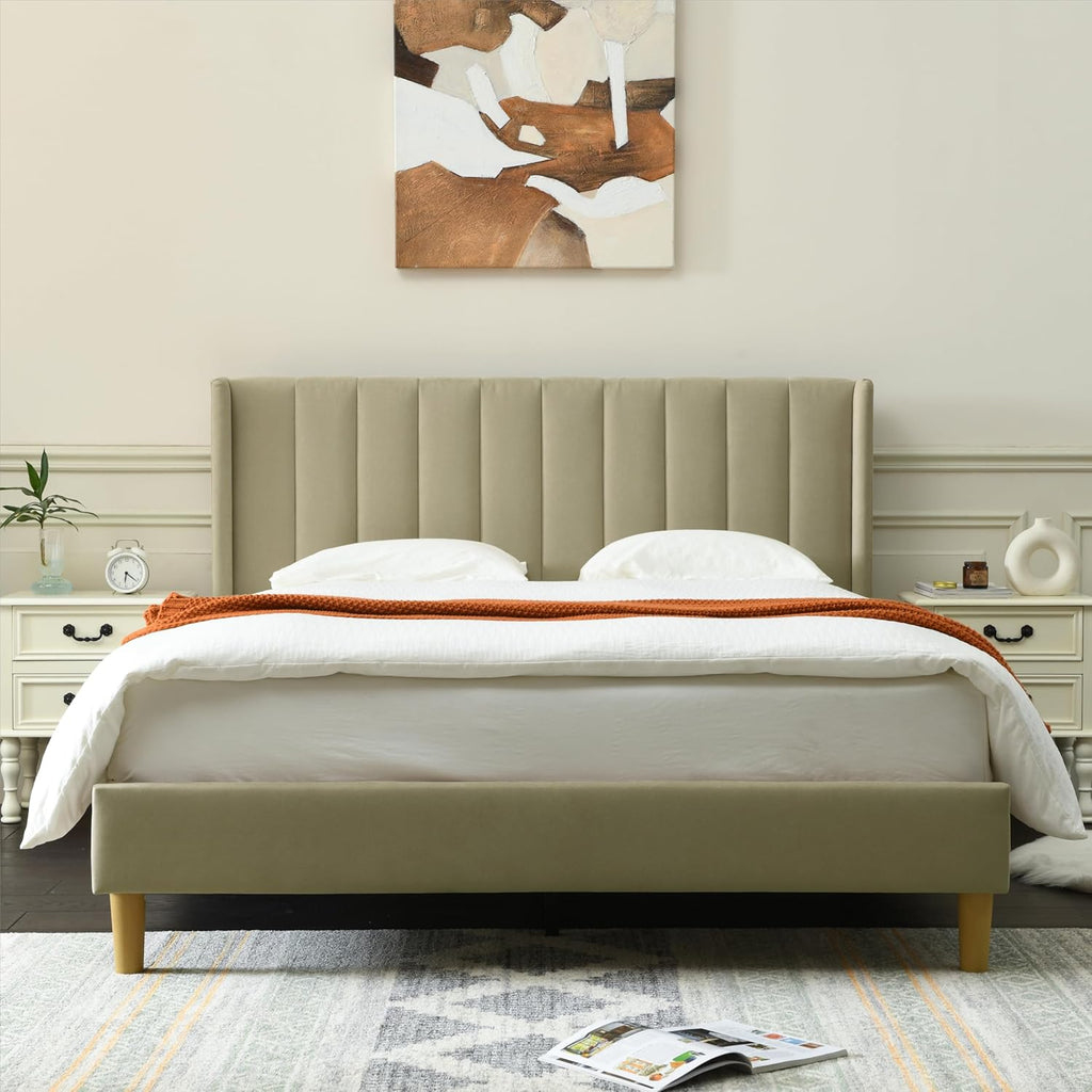 upholstered Platform Bed Frame/Queen Bed Frame/Modern Geometric Double-Wing Design headboard/Linen Fabric/Easy to Assemble no Noise (Beige, Queen (U.S. Standard))