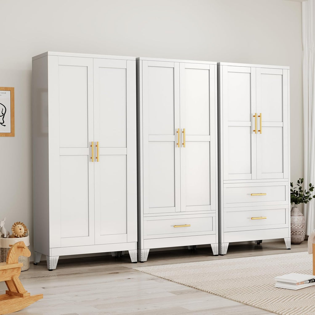 71" H Metal Armoire Wardrobe Closet with Drawer, Adjustable Shelf, Clothes Drying Pole, Clothes Storage Closet (White)