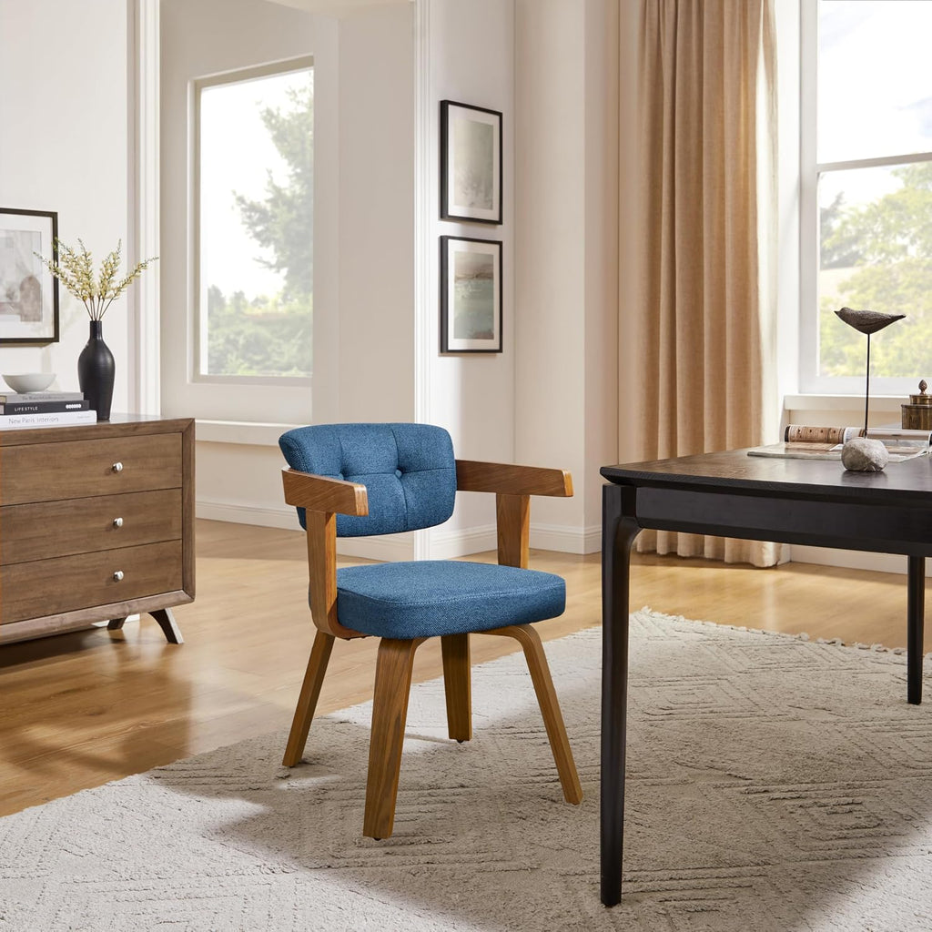 No Wheels - Mid Century Modern Desk Chair Fabric Upholstered Swivel Dining Chairs with Wood Legs for Small Spaces