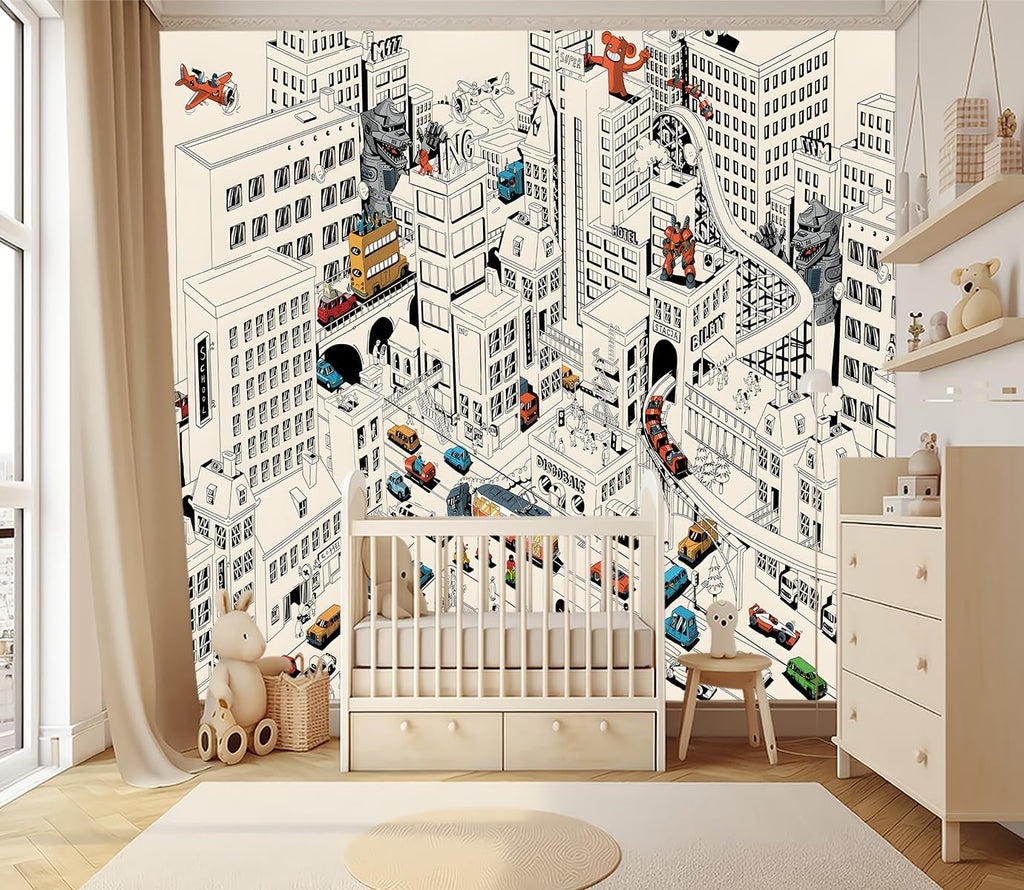 Cartoon Comics City Nursery Room Fabric Wallpaper Kids Bedroom Hand-Painted Graffiti wall Mural-W 88" X H 59"(36