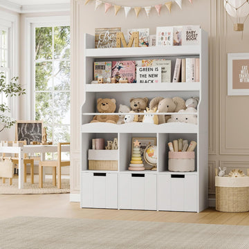 Toy Storage Organizer w/Bookshelf & Stuffed Animal Organizer, White | Large Toy Organizer with 3 Movable Storage