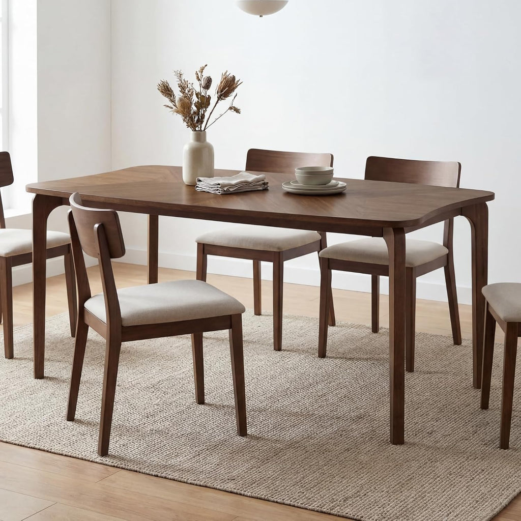 Mid-Century Modern Walnut Color Dining Table, 63" Rectangular Kitchen Table with Solid Wood Legs, Curved Edges