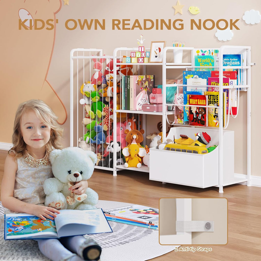 Kids Bookshelf and Toy Storage Organizer, 3-in-1 Toddler Montessori Bookcase with Stuffed Animal Storage & Movable