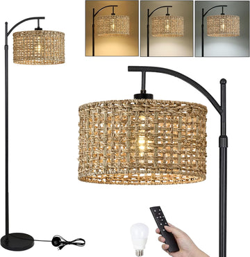 Arc Floor Lamp with Remote Control,Farmhouse Boho Floor Lamps with 3 Color Temperature