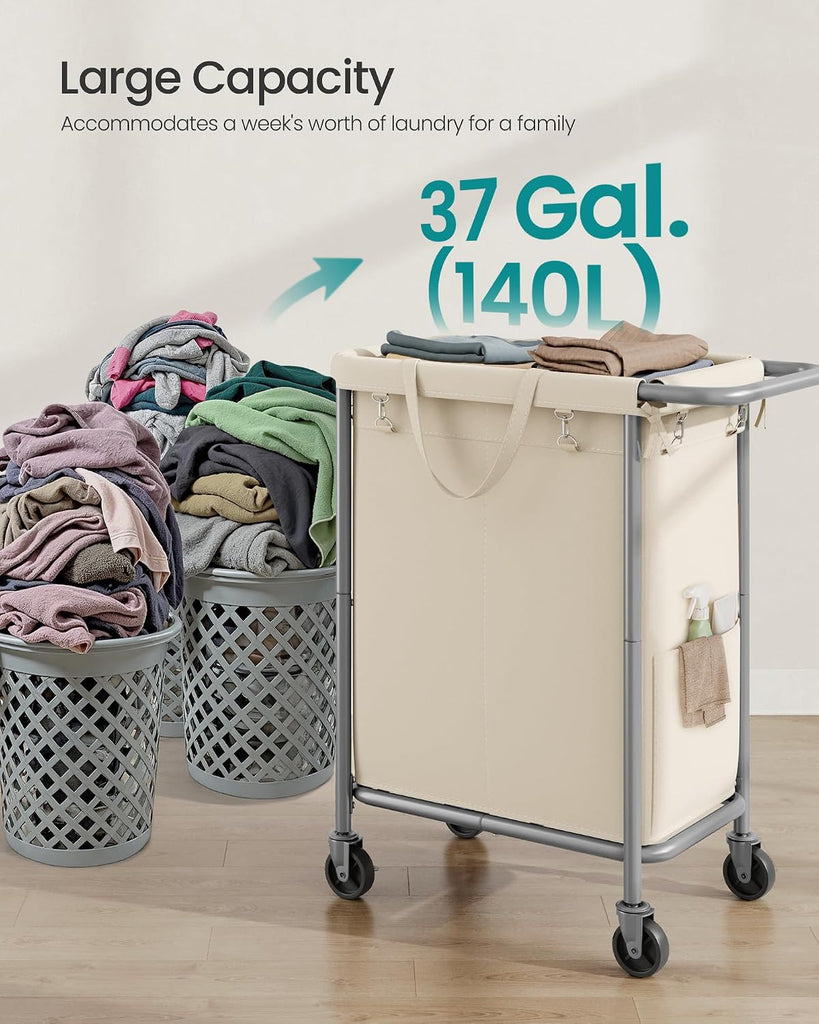 Laundry Basket with Wheels, 2-Section Rolling Laundry Hamper, 37 Gallons (140 L), Removable Liner, Steel Frame with