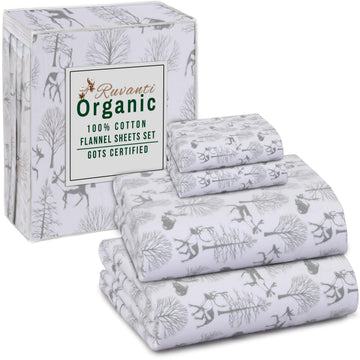 100% Organic Cotton Flannel Sheets Full Size Bed Set, Reindeer Rush