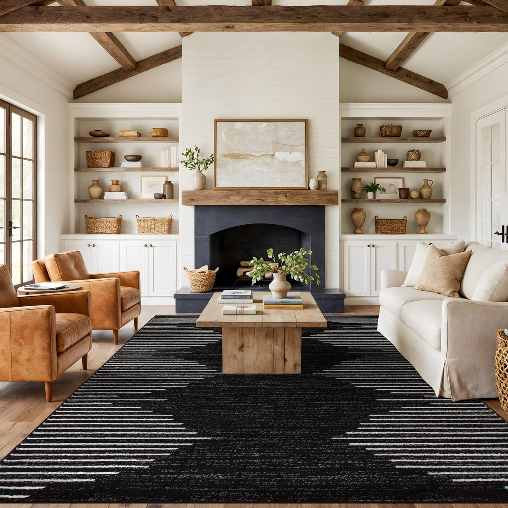 Bohemian Stripe Stain Resistant High Traffic Kitchen Dining Area Rug 12' x 15' Black