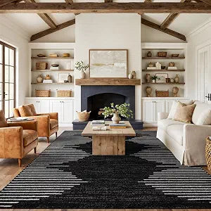 Bohemian Stripe Stain Resistant Area Rug Black 12' x 15'