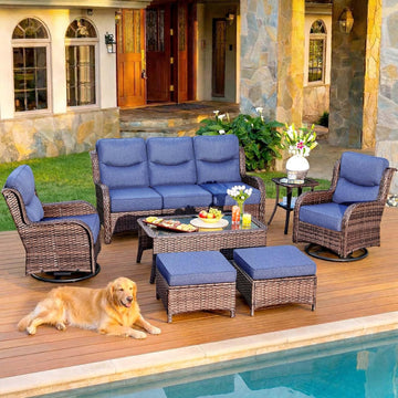 7-Piece Luxury Patio Furniture Set with 6" Thick Cushions, Weather-Resistant Wicker High Back Swivel Rocker Chairs