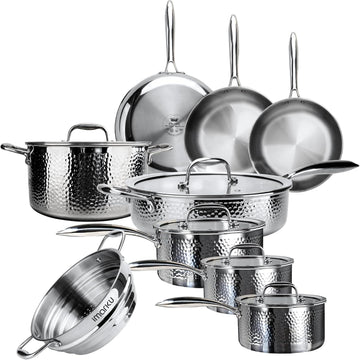 14-Piece Tri-Ply Hammered Stainless Steel Cookware Set | Multifunctional 14pc Pots and Pans with Steamer | Non-Toxic