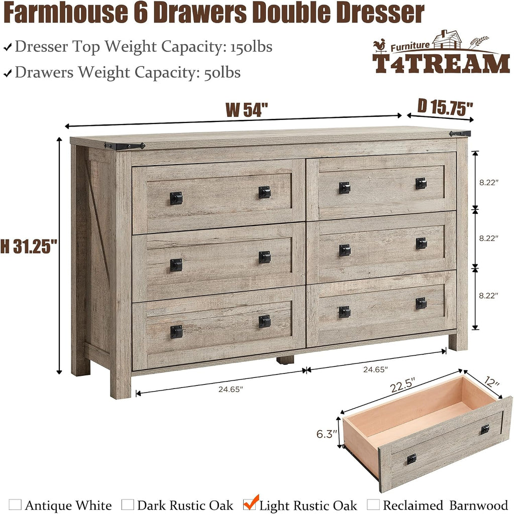 54" Wide Farmhouse 6-Drawer Dresser , Light Rustic Oak | Rustic, Wood Storage Cabinet, Metal Handle, Unique Corner