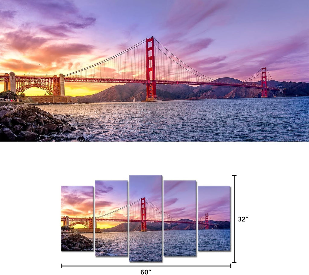 5 Piece The Golden Gate Bridge Picture Modern San Francisco Landscape Framed Canvas Wall Art