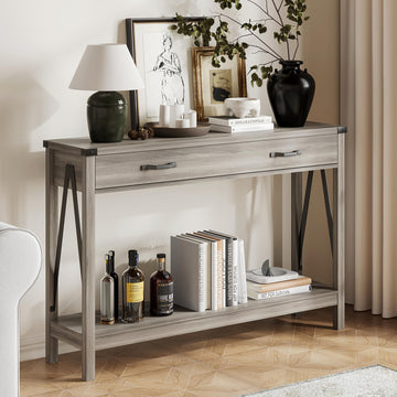 47 Inch Farmhouse Console Table with Drawer and Storage Shelf