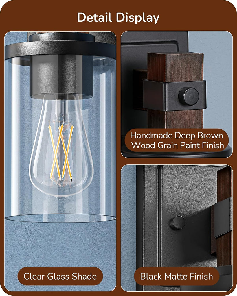 Wall Sconces Set of 2, Farmhouse Vanity Light Fixtures with Clear Glass Shade & Dark Brown Wood Grain Paint, 1-Light