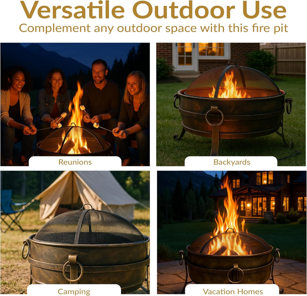34-Inch Steel Large Fire Pit for Outside - Wood-Burning Fire Pit Bowl for Outdoors with Spark Screen, Log Poker