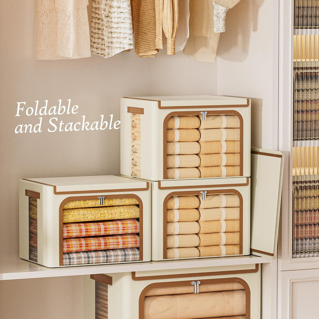 Clothes Storage Bins with Metal Frame, Foldable Clothing Storage Bin with Lid, Stackable Oxford Fabric Organizer Box