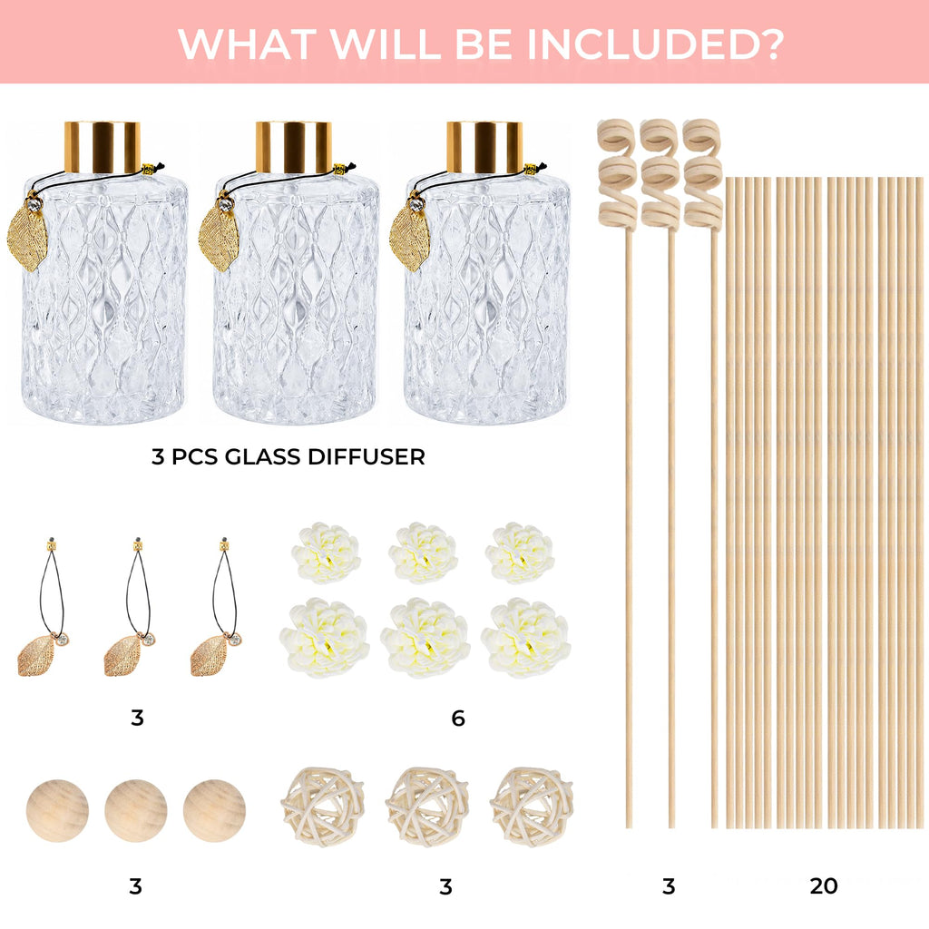 Glass Reed Diffusers Bottles, Diffuser Bottles with Reed Diffuser Sticks Set, Vintage Embossed Apothecary Style